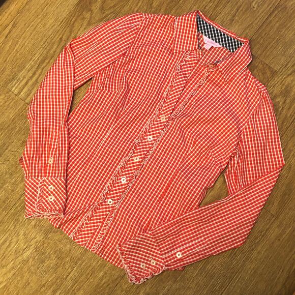 Lilly Pulitzer Red and White Gingham Plaid Long Sleeve Button Down Shirt Size 2 - Picture 1 of 15